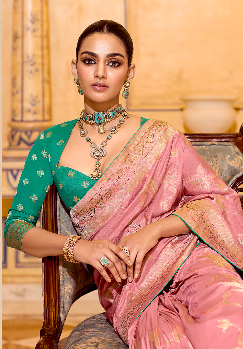 Monjolika Fashion Baby Pink Faux Crepe Silk with beautiful Zari Weaving Work Classic Saree - Distacart