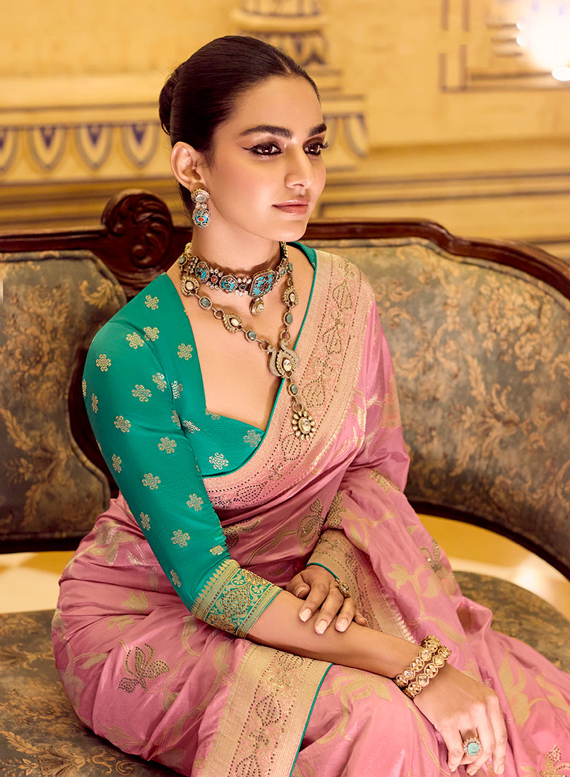 Monjolika Fashion Baby Pink Faux Crepe Silk with beautiful Zari Weaving Work Classic Saree - Distacart