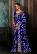 Monjolika Fashion Royal Blue Faux Crepe Embroidery Bridal Reception Festival Wedding Wear Heavy Border Saree - Distacart