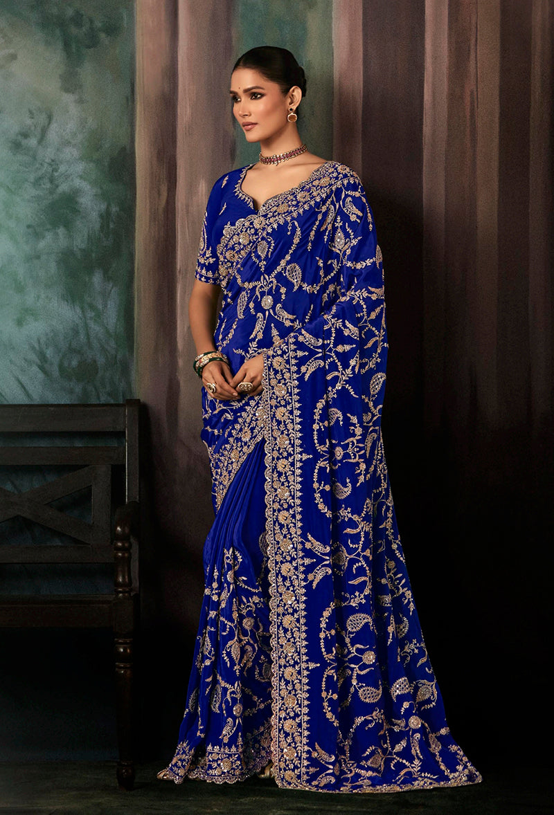 Monjolika Fashion Royal Blue Faux Crepe Embroidery Bridal Reception Festival Wedding Wear Heavy Border Saree - Distacart