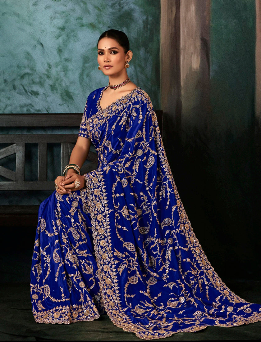 Monjolika Fashion Royal Blue Faux Crepe Embroidery Bridal Reception Festival Wedding Wear Heavy Border Saree - Distacart