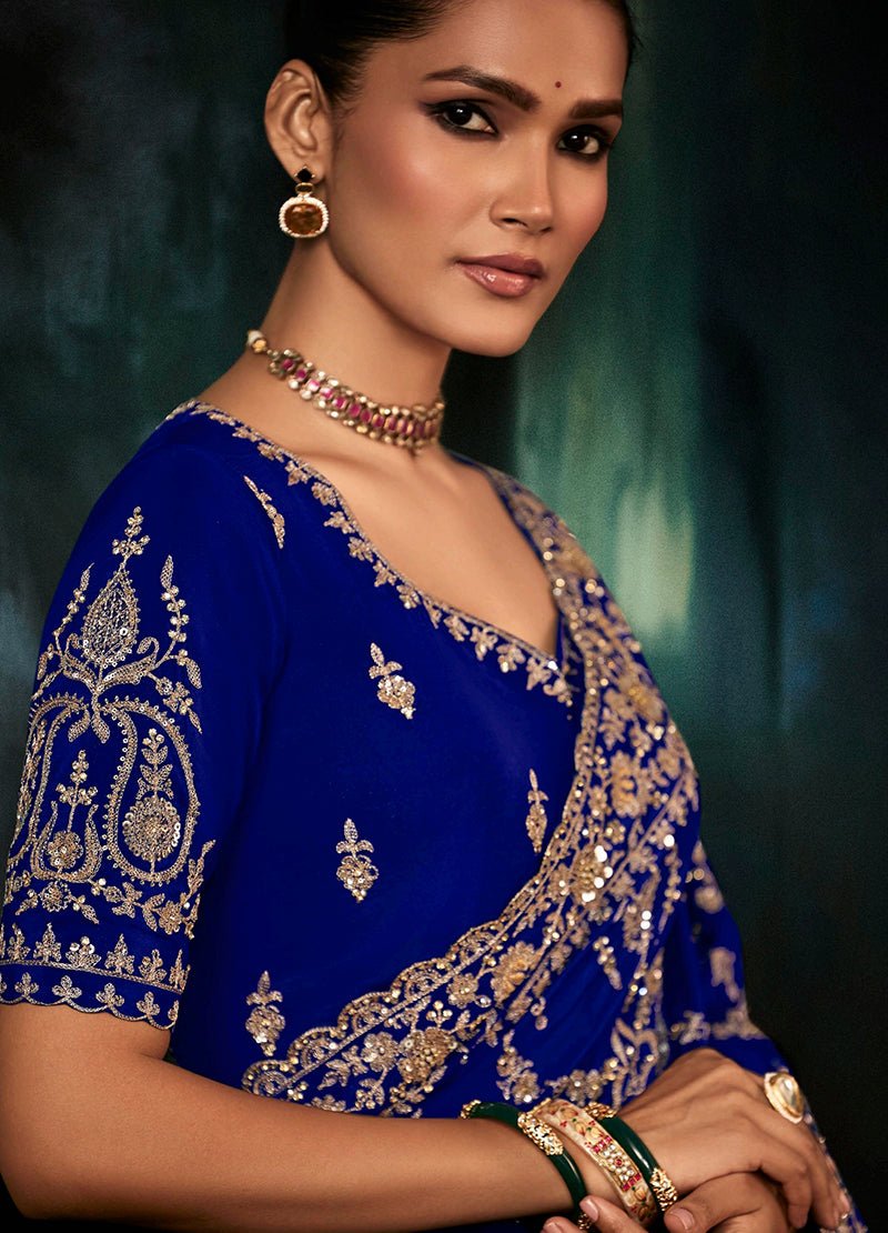 Monjolika Fashion Royal Blue Faux Crepe Embroidery Bridal Reception Festival Wedding Wear Heavy Border Saree - Distacart
