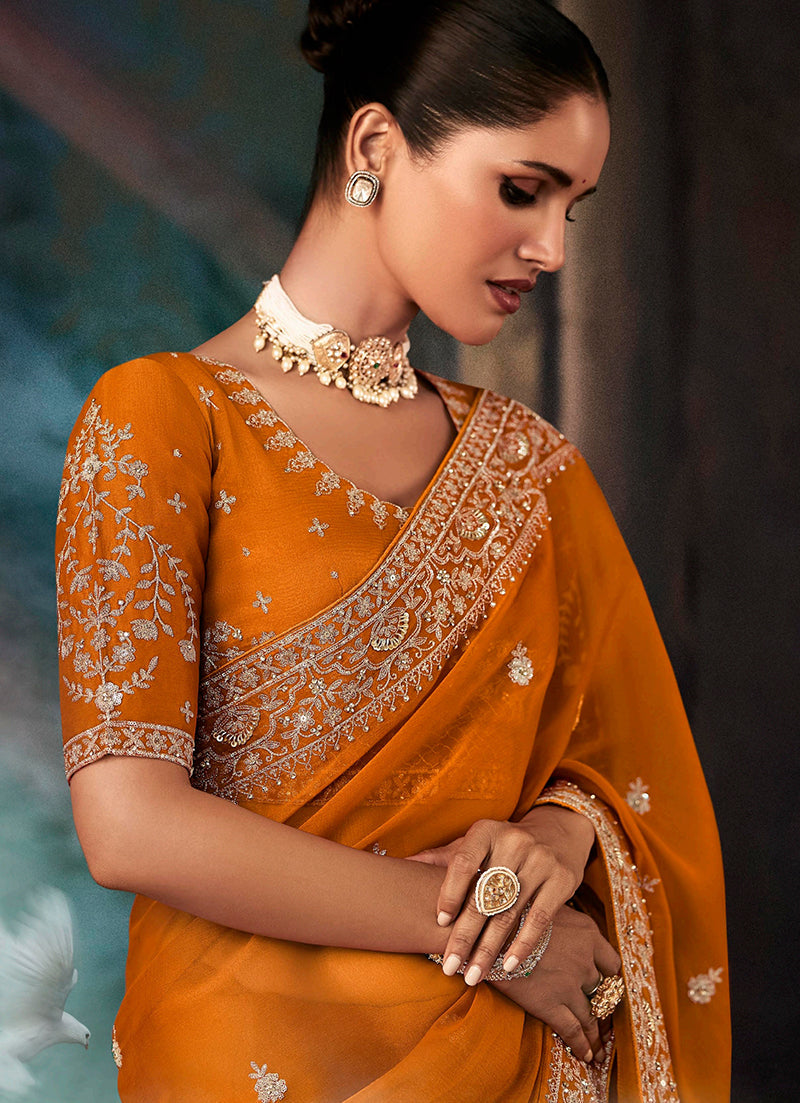 Monjolika Fashion Orange Wear Fabric Embroidery Bridal Reception Festival Wedding Wear Heavy Border Saree - Distacart