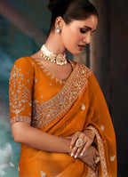 Monjolika Fashion Orange Wear Fabric Embroidery Bridal Reception Festival Wedding Wear Heavy Border Saree - Distacart