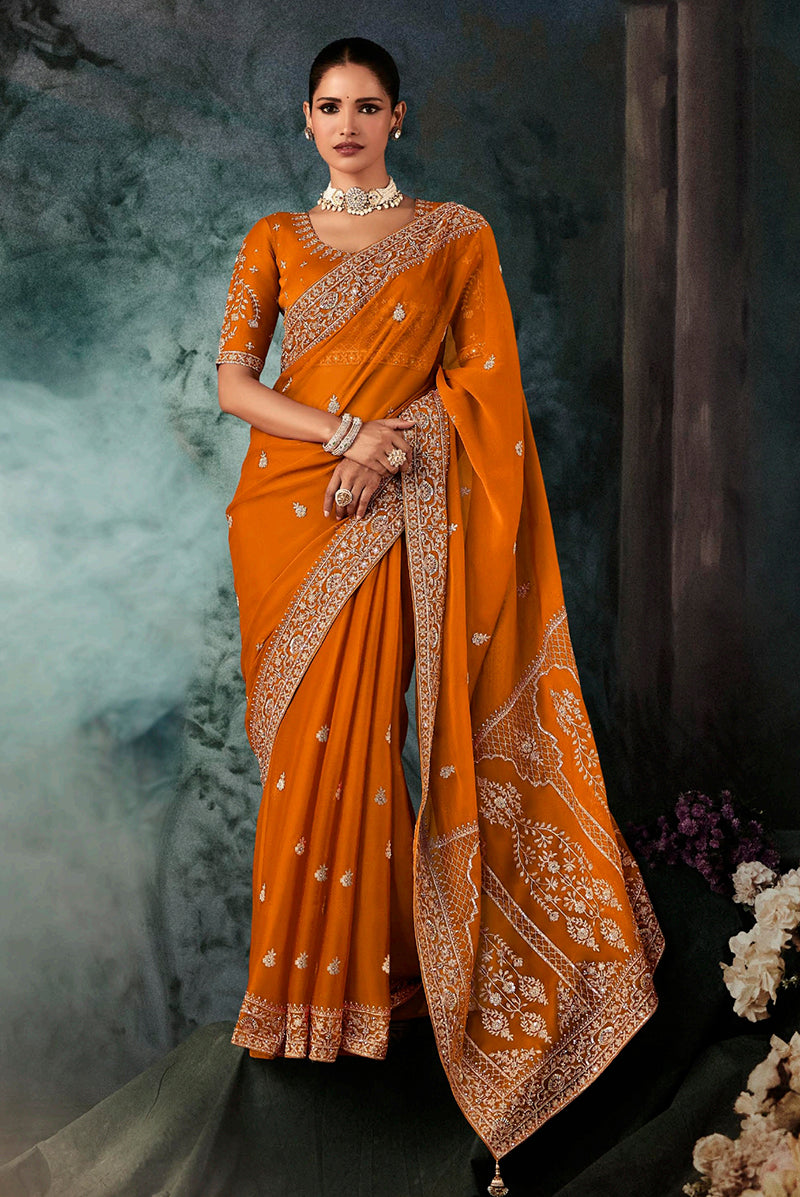 Monjolika Fashion Orange Wear Fabric Embroidery Bridal Reception Festival Wedding Wear Heavy Border Saree - Distacart
