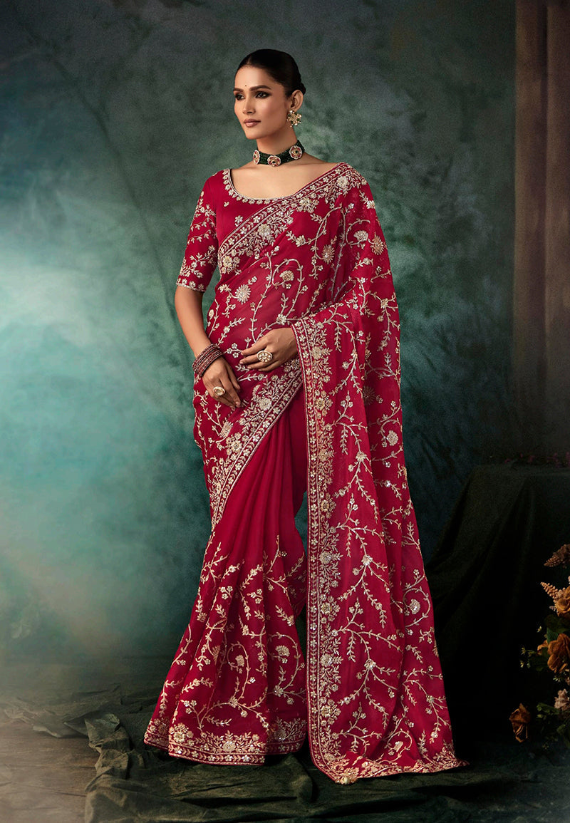 Monjolika Fashion Burgundy Faux Crepe Embroidery Bridal Reception Festival Wedding Wear Heavy Border Saree - Distacart