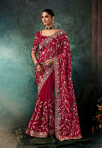 Monjolika Fashion Burgundy Faux Crepe Embroidery Bridal Reception Festival Wedding Wear Heavy Border Saree - Distacart