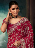 Monjolika Fashion Burgundy Faux Crepe Embroidery Bridal Reception Festival Wedding Wear Heavy Border Saree - Distacart