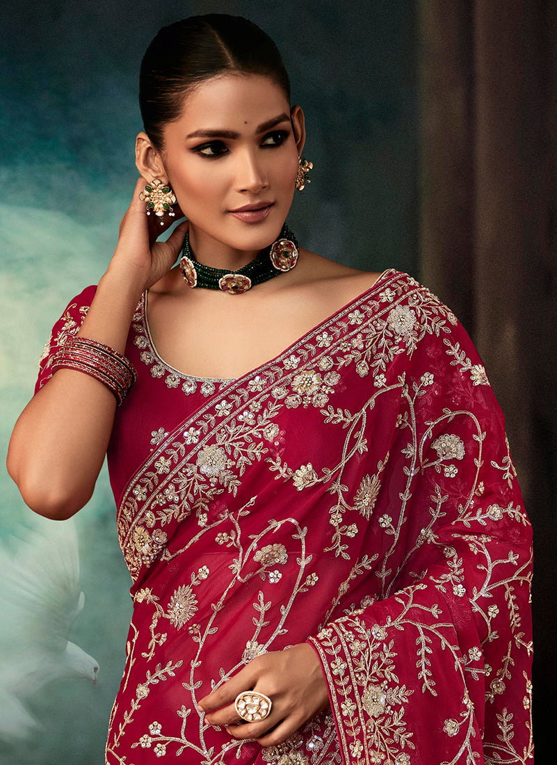 Monjolika Fashion Burgundy Faux Crepe Embroidery Bridal Reception Festival Wedding Wear Heavy Border Saree - Distacart