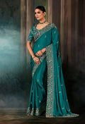 Monjolika Fashion Teal Faux Satin Embroidery Bridal Reception Festival Wedding Wear Heavy Border Saree - Distacart