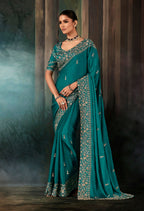 Monjolika Fashion Teal Faux Satin Embroidery Bridal Reception Festival Wedding Wear Heavy Border Saree - Distacart