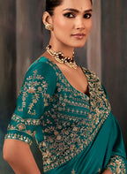 Monjolika Fashion Teal Faux Satin Embroidery Bridal Reception Festival Wedding Wear Heavy Border Saree - Distacart