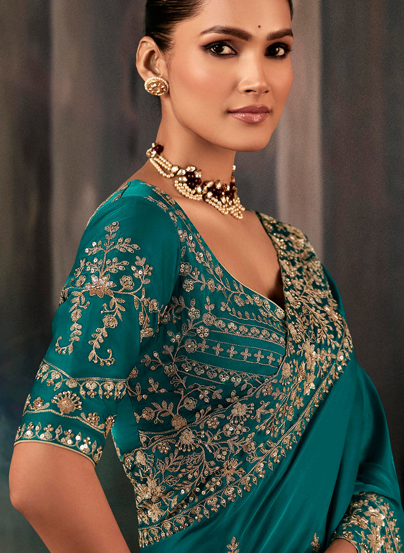 Monjolika Fashion Teal Faux Satin Embroidery Bridal Reception Festival Wedding Wear Heavy Border Saree - Distacart