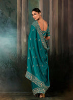 Monjolika Fashion Teal Faux Satin Embroidery Bridal Reception Festival Wedding Wear Heavy Border Saree - Distacart
