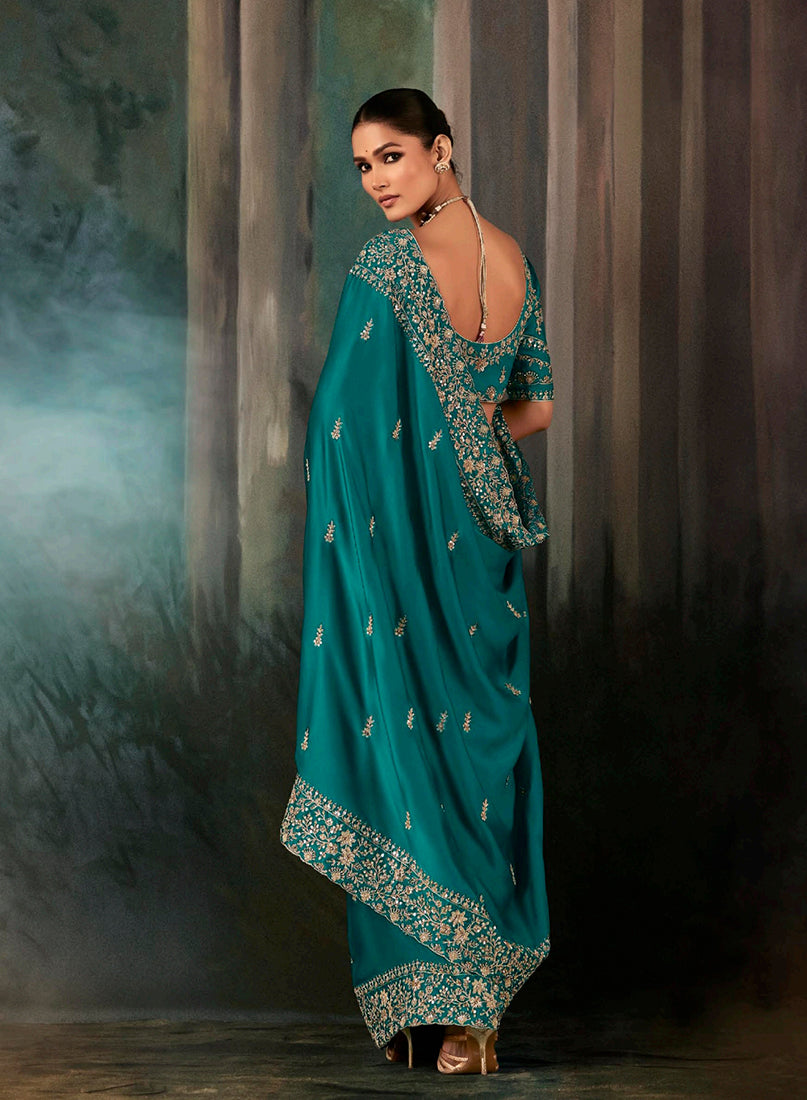 Monjolika Fashion Teal Faux Satin Embroidery Bridal Reception Festival Wedding Wear Heavy Border Saree - Distacart