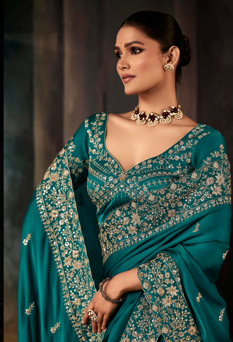 Monjolika Fashion Teal Faux Satin Embroidery Bridal Reception Festival Wedding Wear Heavy Border Saree - Distacart