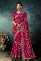 Monjolika Fashion Rani Pink Faux Crepe Embroidery Bridal Reception Festival Wedding Wear Heavy Border Saree - Distacart