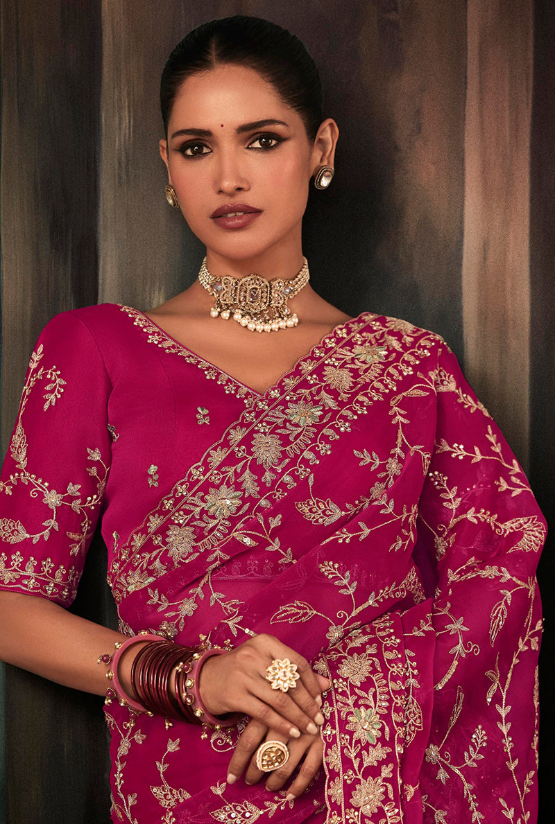 Monjolika Fashion Rani Pink Faux Crepe Embroidery Bridal Reception Festival Wedding Wear Heavy Border Saree - Distacart