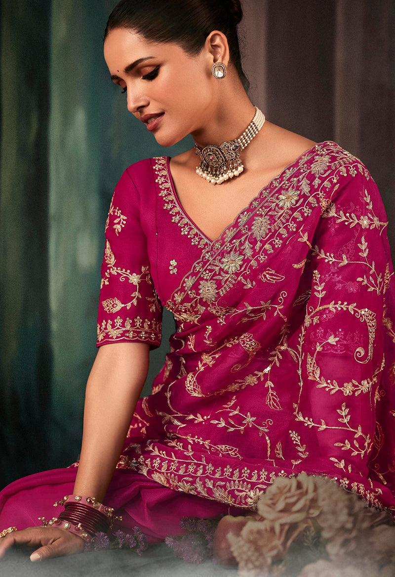 Monjolika Fashion Rani Pink Faux Crepe Embroidery Bridal Reception Festival Wedding Wear Heavy Border Saree - Distacart