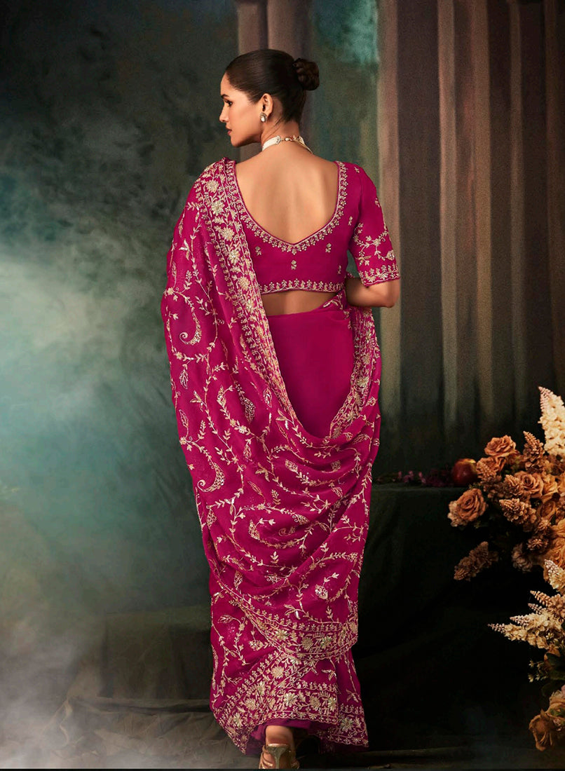Monjolika Fashion Rani Pink Faux Crepe Embroidery Bridal Reception Festival Wedding Wear Heavy Border Saree - Distacart