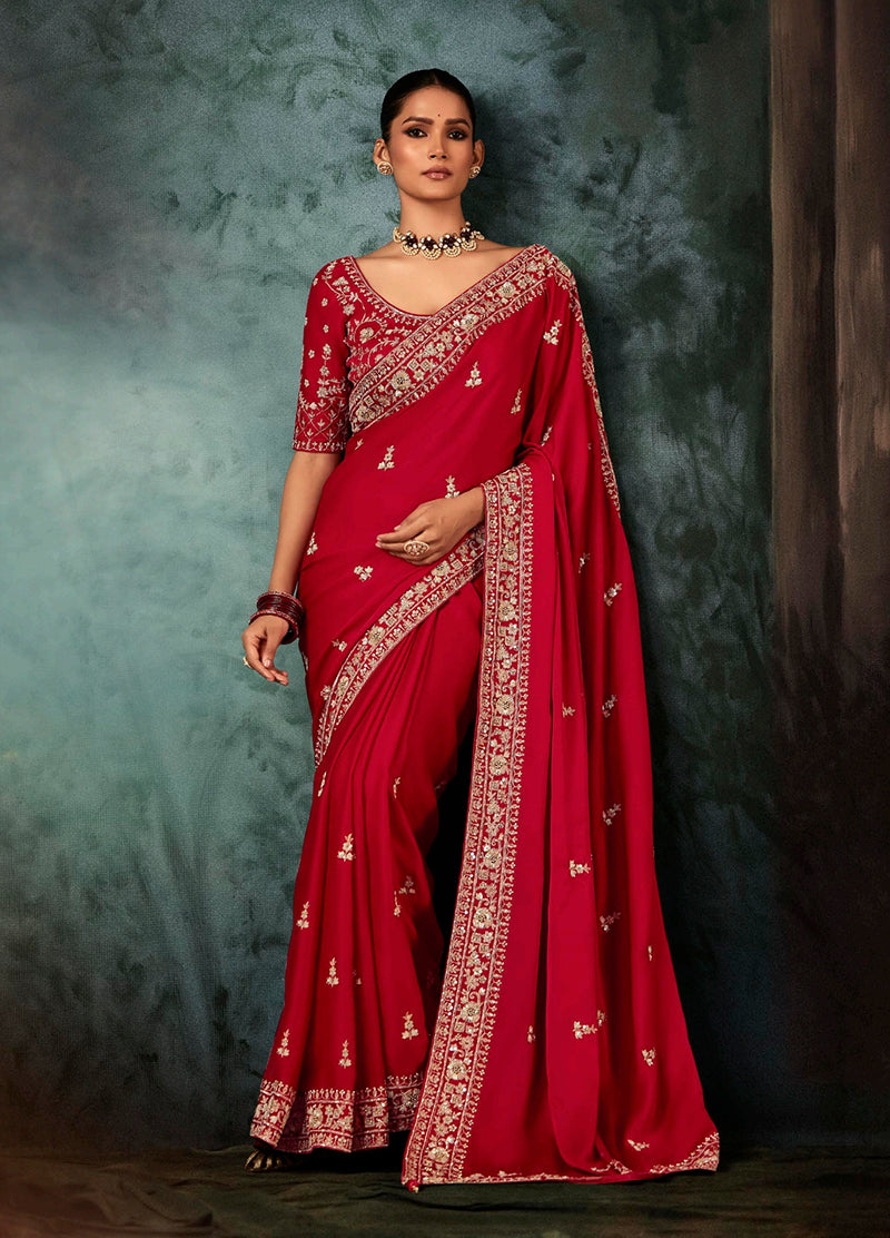 Monjolika Fashion Red Wear Fabric Embroidery Bridal Reception Festival Wedding Wear Heavy Border Saree - Distacart