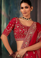 Monjolika Fashion Red Wear Fabric Embroidery Bridal Reception Festival Wedding Wear Heavy Border Saree - Distacart
