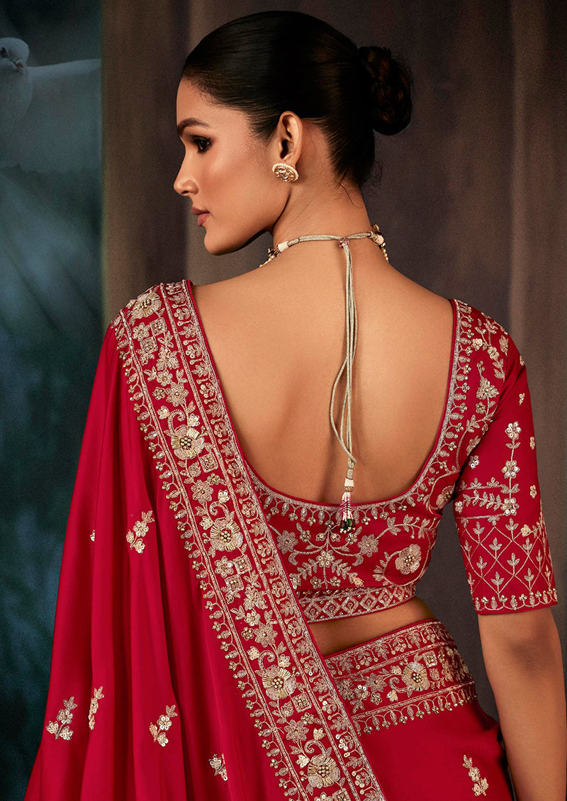 Monjolika Fashion Red Wear Fabric Embroidery Bridal Reception Festival Wedding Wear Heavy Border Saree - Distacart