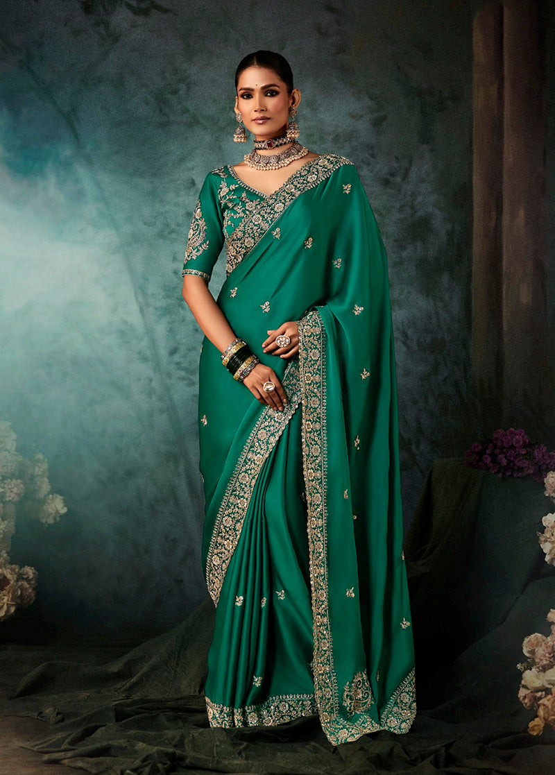 Monjolika Fashion Teal Green Faux Satin Embroidery Bridal Reception Festival Wedding Wear Heavy Border Saree - Distacart