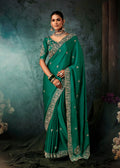 Monjolika Fashion Teal Green Faux Satin Embroidery Bridal Reception Festival Wedding Wear Heavy Border Saree - Distacart