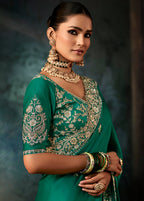 Monjolika Fashion Teal Green Faux Satin Embroidery Bridal Reception Festival Wedding Wear Heavy Border Saree - Distacart