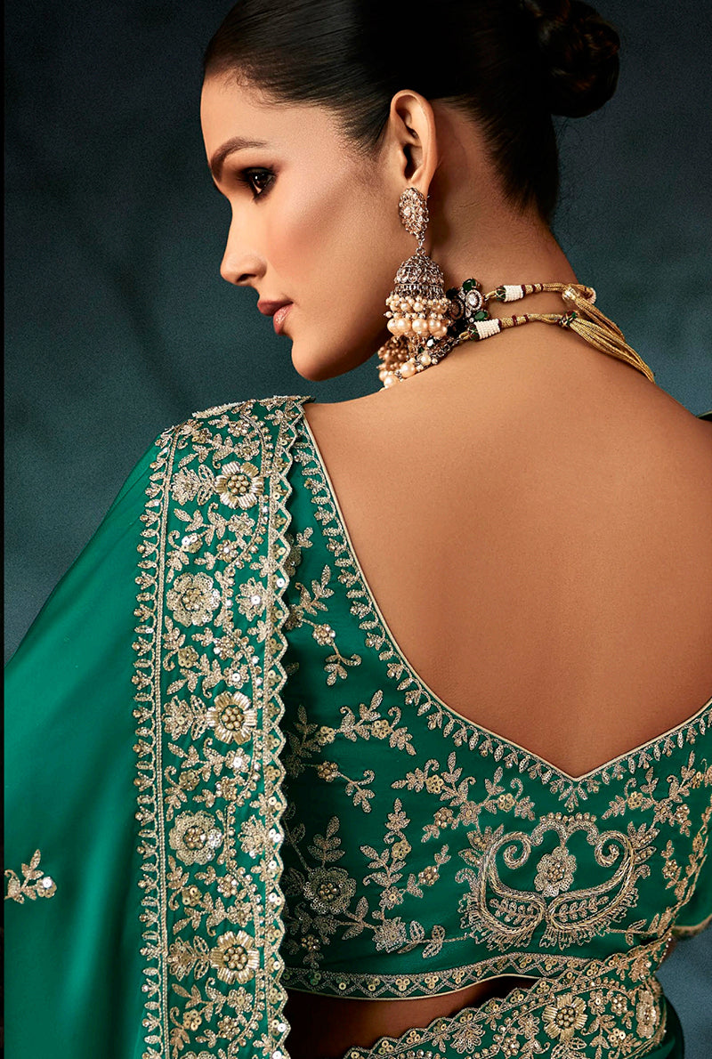 Monjolika Fashion Teal Green Faux Satin Embroidery Bridal Reception Festival Wedding Wear Heavy Border Saree - Distacart