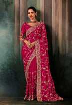 Monjolika Fashion Rani Pink Faux Satin Embroidery Bridal Reception Festival Wedding Wear Heavy Border Saree - Distacart
