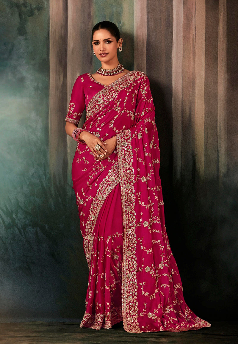 Monjolika Fashion Rani Pink Faux Satin Embroidery Bridal Reception Festival Wedding Wear Heavy Border Saree - Distacart