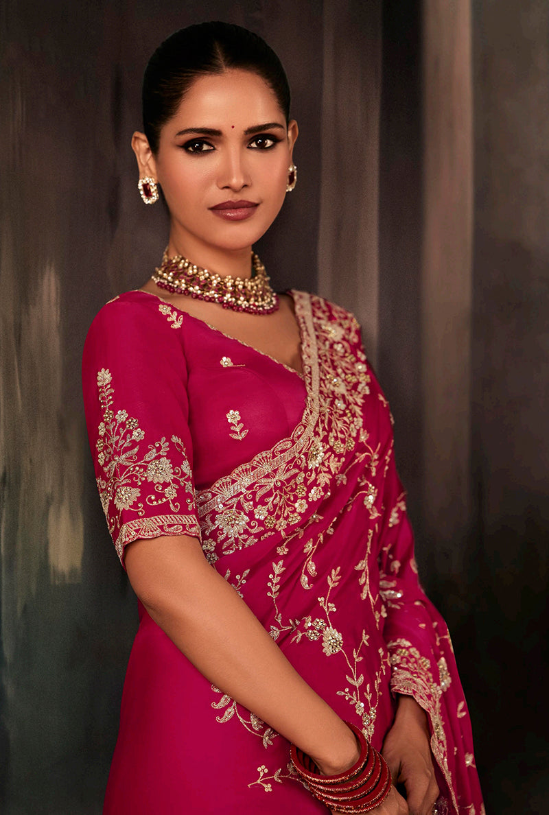 Monjolika Fashion Rani Pink Faux Satin Embroidery Bridal Reception Festival Wedding Wear Heavy Border Saree - Distacart