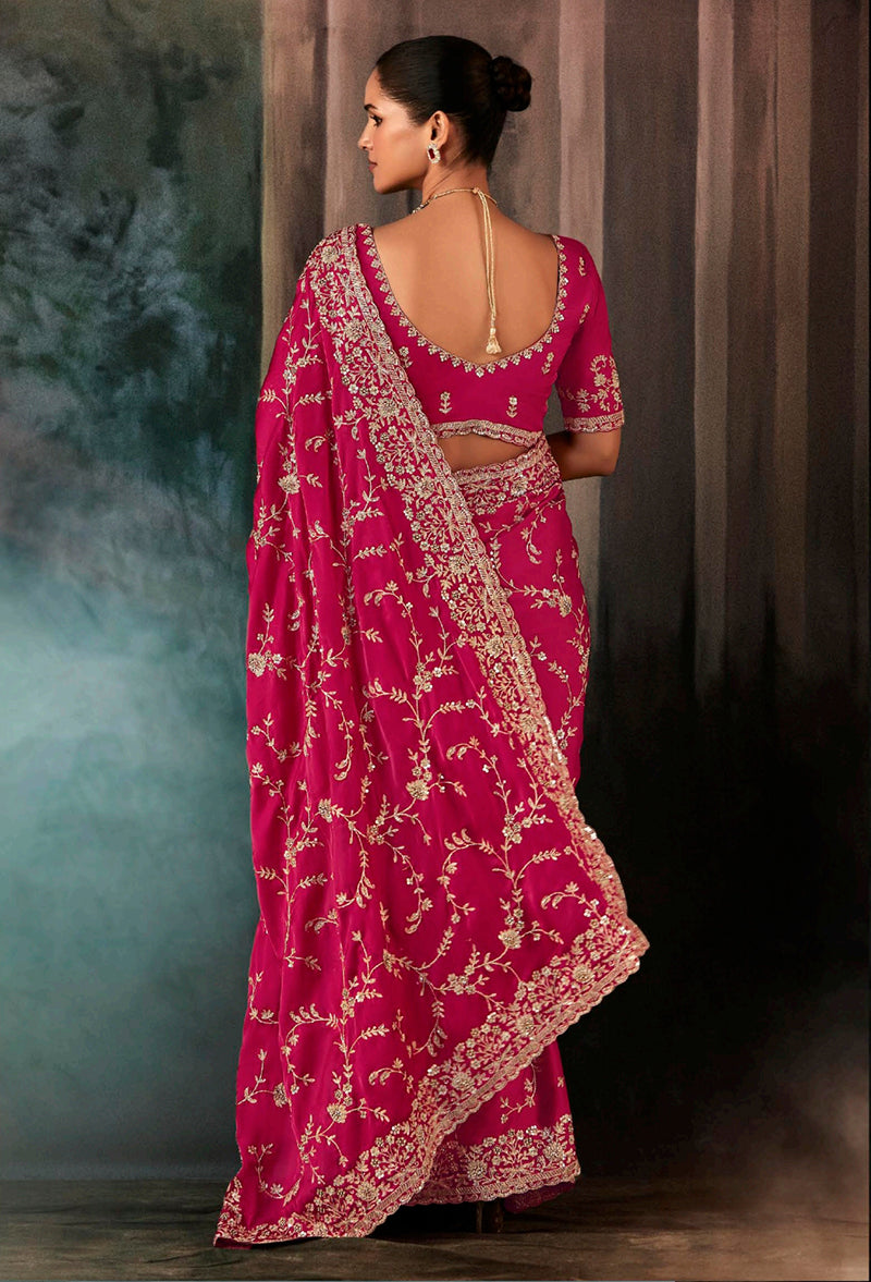 Monjolika Fashion Rani Pink Faux Satin Embroidery Bridal Reception Festival Wedding Wear Heavy Border Saree - Distacart