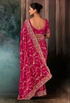 Monjolika Fashion Rani Pink Faux Satin Embroidery Bridal Reception Festival Wedding Wear Heavy Border Saree - Distacart
