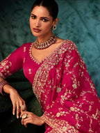 Monjolika Fashion Rani Pink Faux Satin Embroidery Bridal Reception Festival Wedding Wear Heavy Border Saree - Distacart