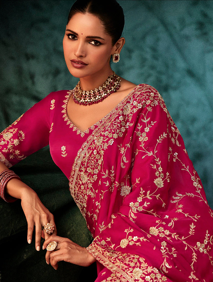 Monjolika Fashion Rani Pink Faux Satin Embroidery Bridal Reception Festival Wedding Wear Heavy Border Saree - Distacart