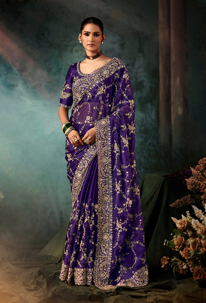 Monjolika Fashion Purple Faux Crepe Embroidery Bridal Reception Festival Wedding Wear Heavy Border Saree - Distacart