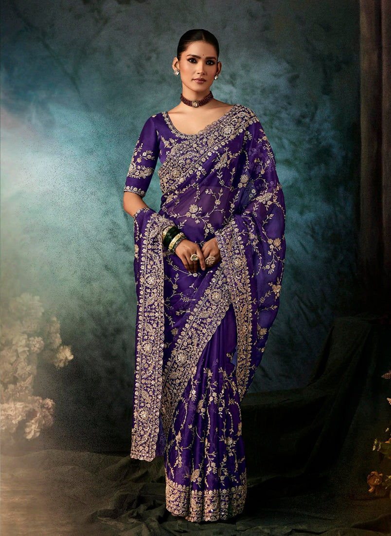Monjolika Fashion Purple Faux Crepe Embroidery Bridal Reception Festival Wedding Wear Heavy Border Saree - Distacart
