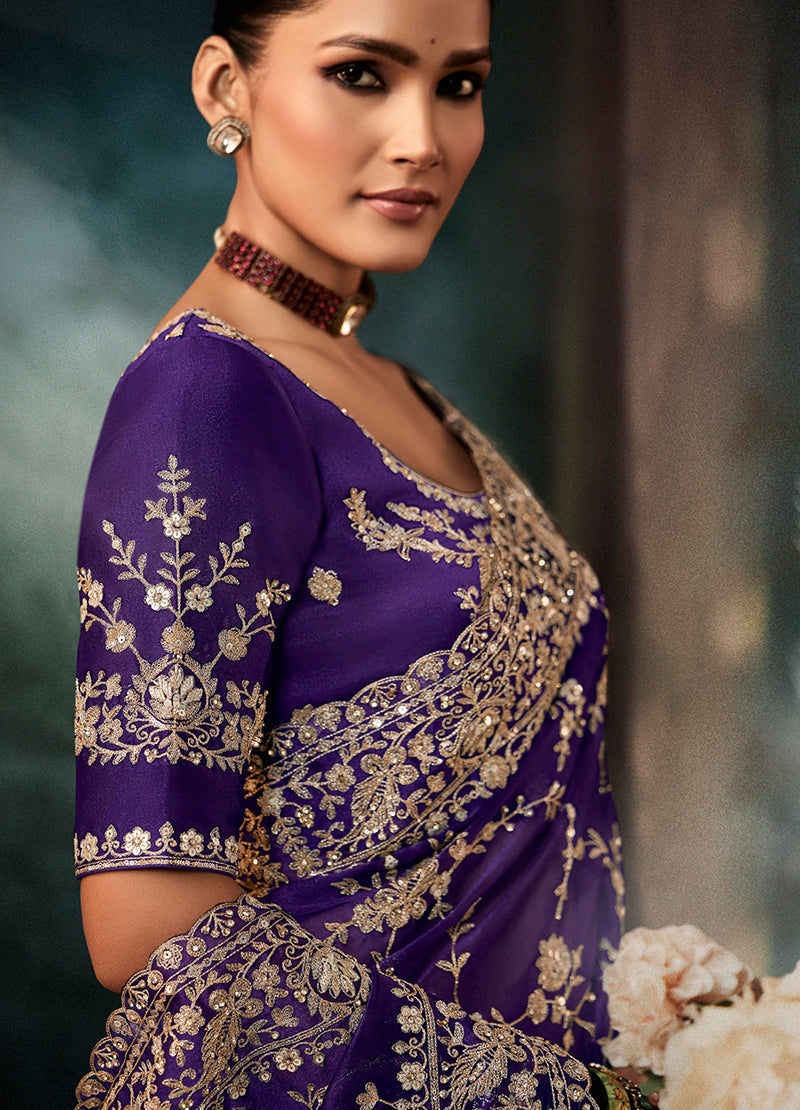 Monjolika Fashion Purple Faux Crepe Embroidery Bridal Reception Festival Wedding Wear Heavy Border Saree - Distacart