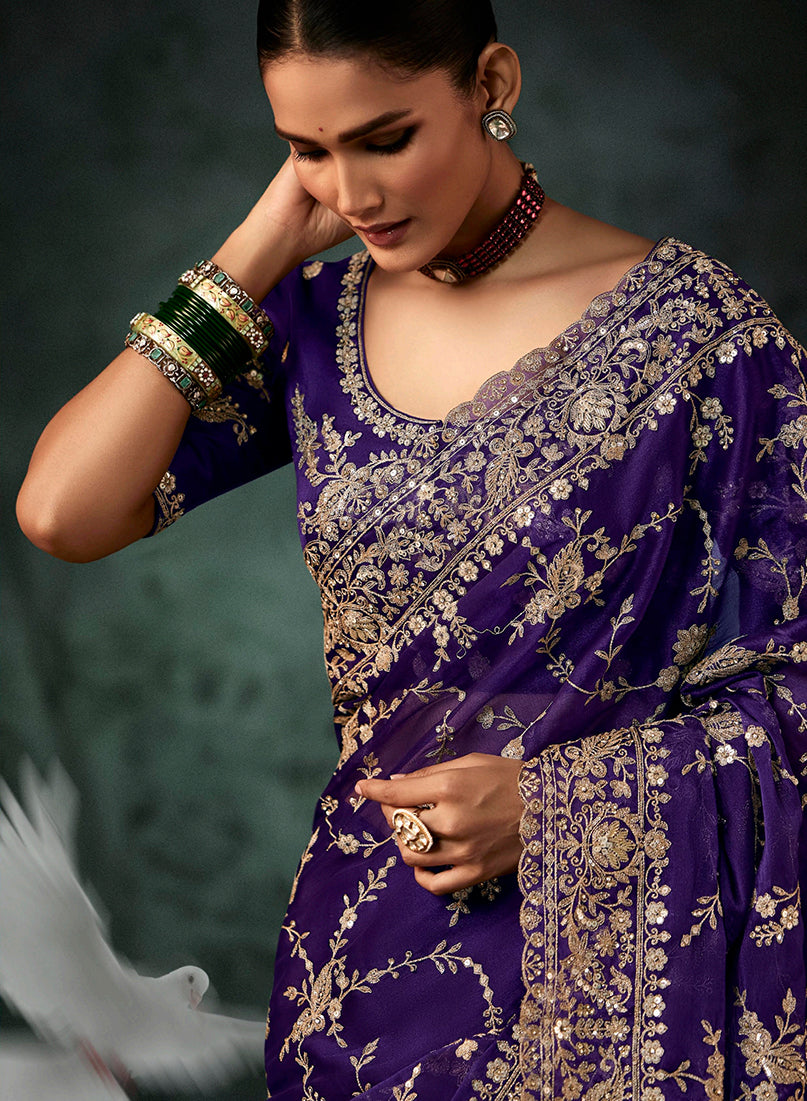 Monjolika Fashion Purple Faux Crepe Embroidery Bridal Reception Festival Wedding Wear Heavy Border Saree - Distacart