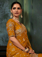 Monjolika Fashion Orange Wear Fabric Embroidery Bridal Reception Festival Wedding Wear Heavy Border Saree - Distacart