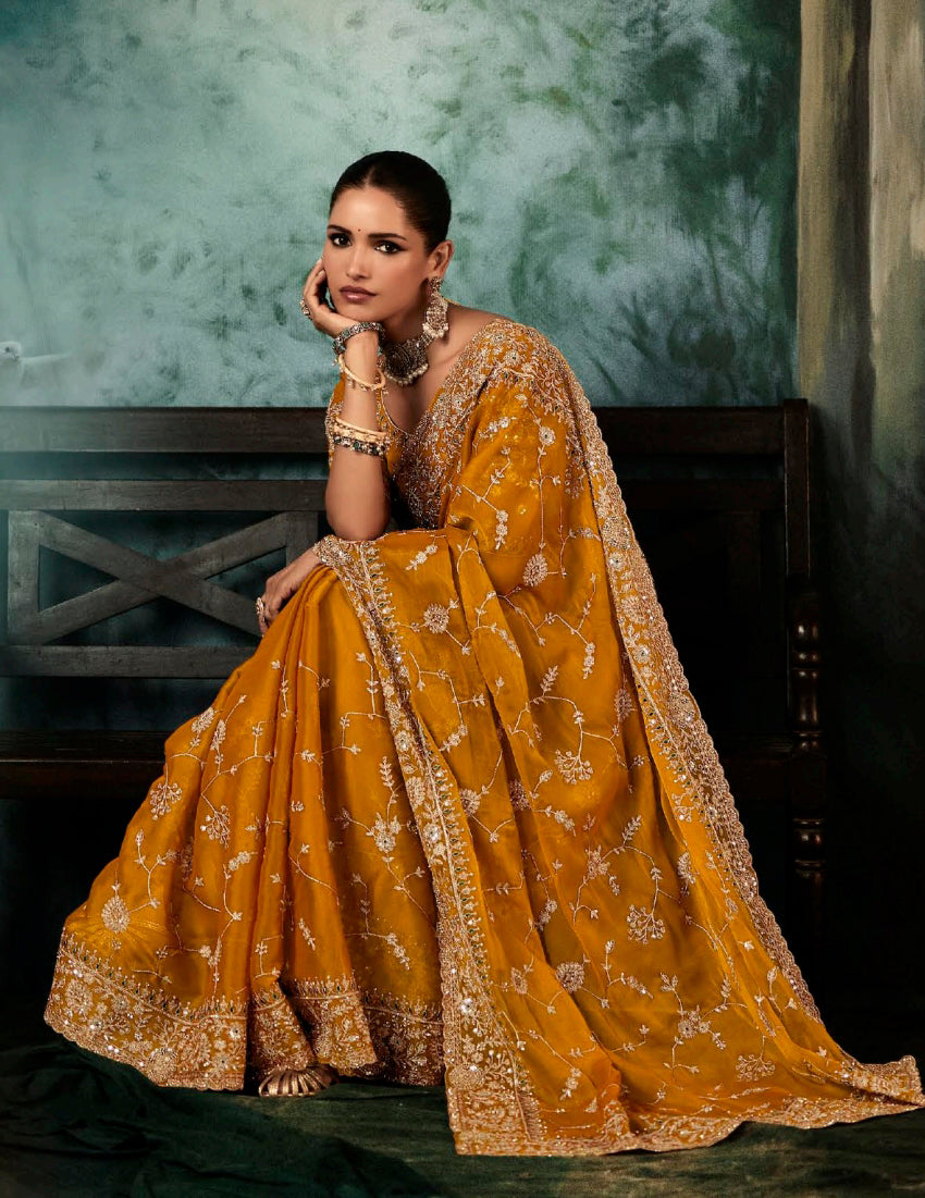 Monjolika Fashion Orange Wear Fabric Embroidery Bridal Reception Festival Wedding Wear Heavy Border Saree - Distacart