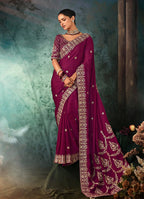 Monjolika Fashion Burgundy Faux Satin Embroidery Bridal Reception Festival Wedding Wear Heavy Border Saree - Distacart