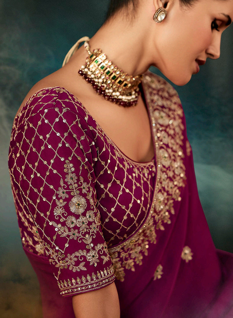 Monjolika Fashion Burgundy Faux Satin Embroidery Bridal Reception Festival Wedding Wear Heavy Border Saree - Distacart