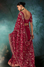 Monjolika Fashion Burgundy Faux Satin Embroidery Bridal Reception Festival Wedding Wear Heavy Border Saree - Distacart