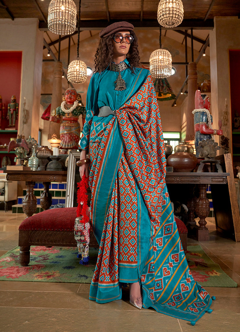 Monjolika Fashion Aqua Blue and Rust Silk Blend Ikat Print Work Contemporary Saree - Distacart