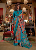 Monjolika Fashion Aqua Blue and Rust Silk Blend Ikat Print Work Contemporary Saree - Distacart