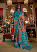Monjolika Fashion Aqua Blue and Rust Silk Blend Ikat Print Work Contemporary Saree - Distacart